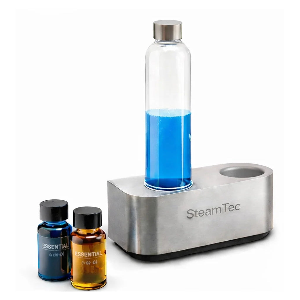 Aromapumpe TwinAroma Single von SteamTec mit einem Glastank und Duftfläschchen