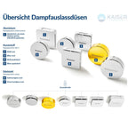 Übersicht der Dampfauslassdüsen für den TOLO: Aluminium, Kunststoff in Weiß und Silber, Edelstahl in Gold und Chrom