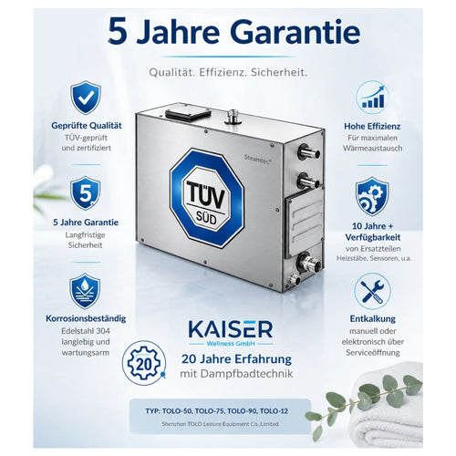 Infografik TOLO Dampfgenerator: TÜV SÜD, 5 Jahre Garantie, Edelstahl 304, Serviceöffnung zur Entkalkung