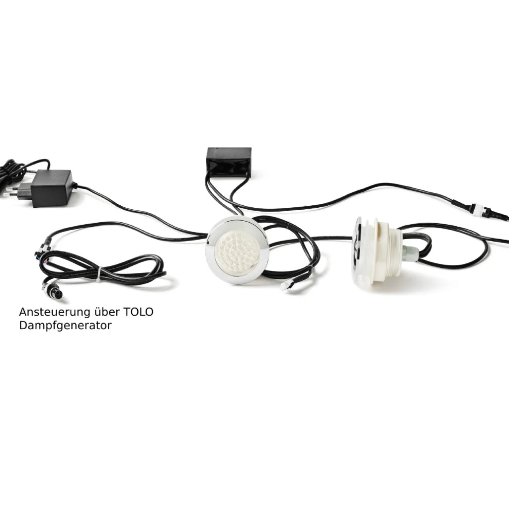 LED-Farblichtset zur Ansteuerung über den TOLO Dampfgenerator: Einbauspots, Steuerbox und Netzteil